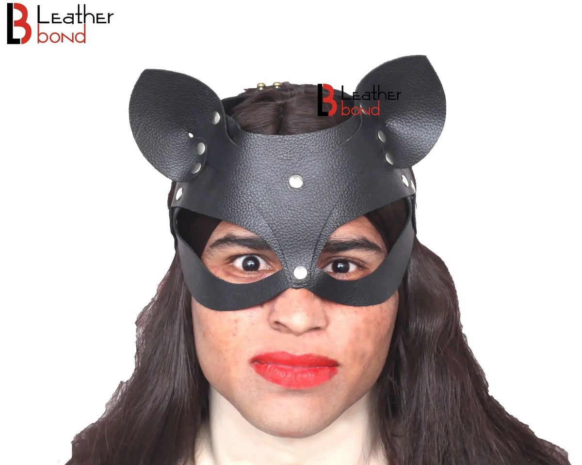 Genuine Cowhide Leather Cat Mask Halloween Mask, Catwoman, BDSM Fetish & Masquerade Party Mask