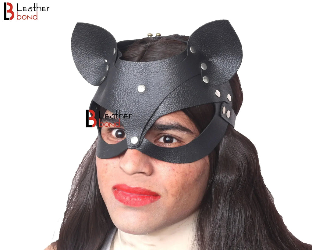 Genuine Cowhide Leather Cat Mask Halloween Mask, Catwoman, BDSM Fetish & Masquerade Party Mask