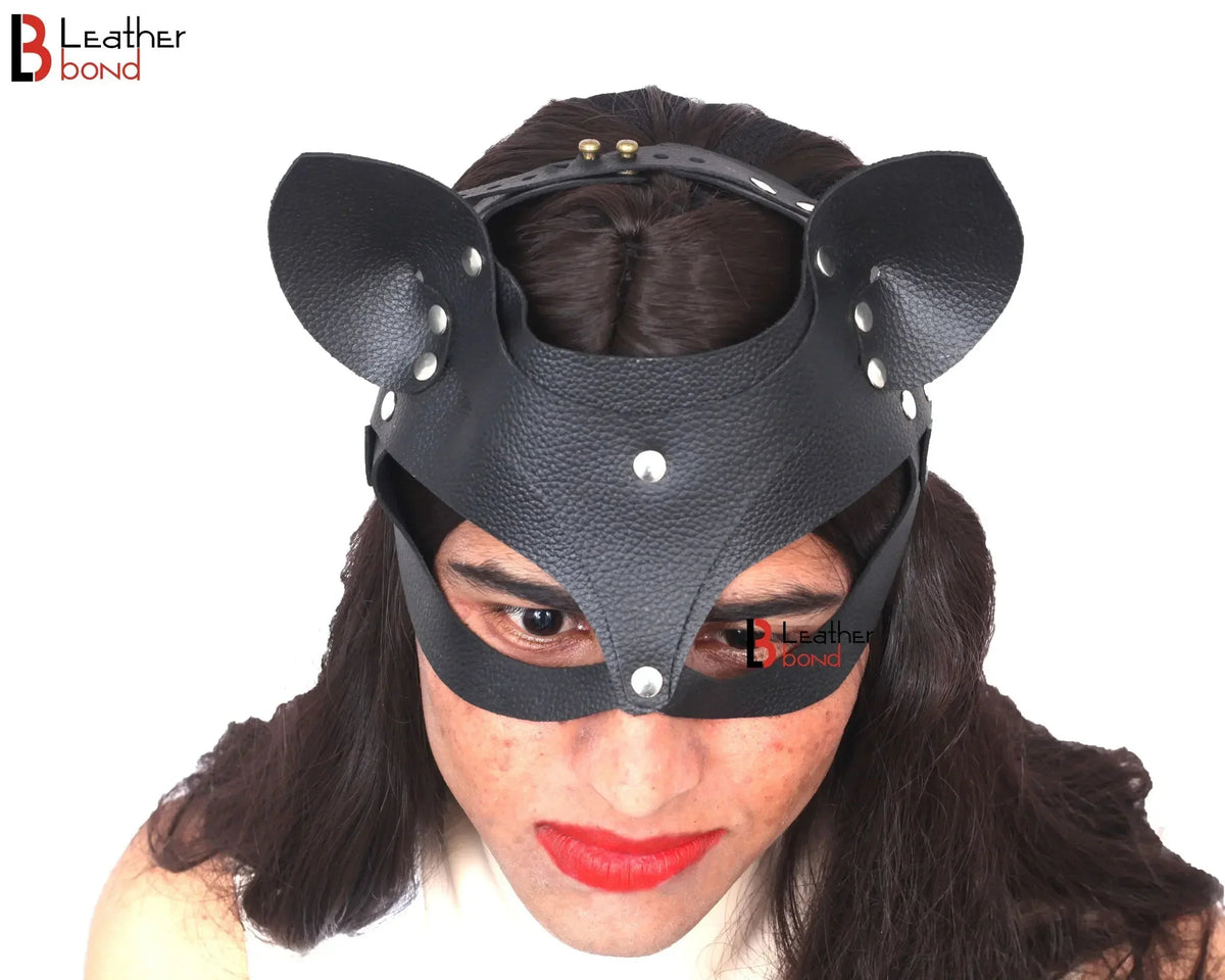 Genuine Cowhide Leather Cat Mask Halloween Mask, Catwoman, BDSM Fetish & Masquerade Party Mask