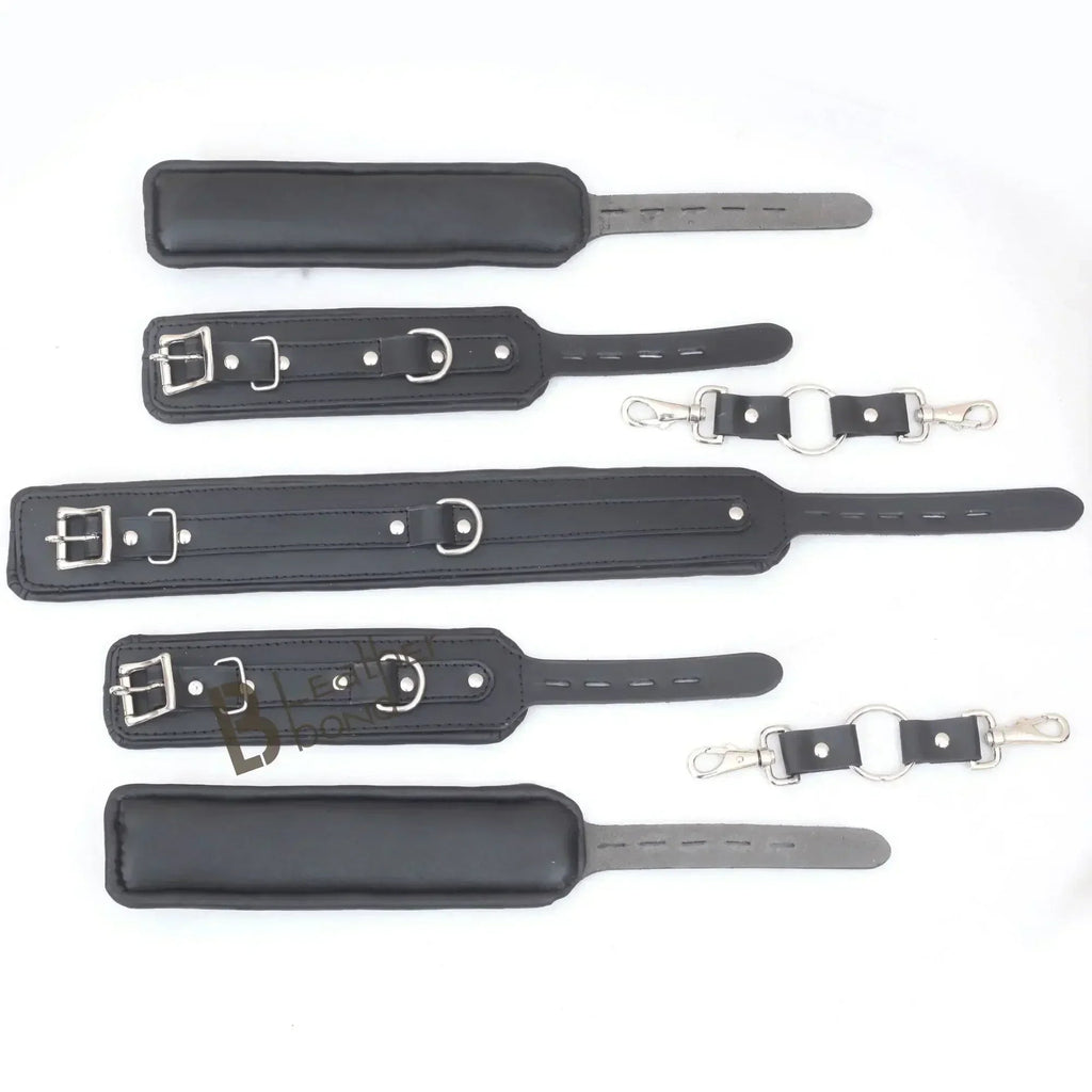 Real Leather 7-Piece Padded Ankle Cuffs, Wrist Cuffs & Neck Collar Complete Restraint Bondage Set with Connectors | Black