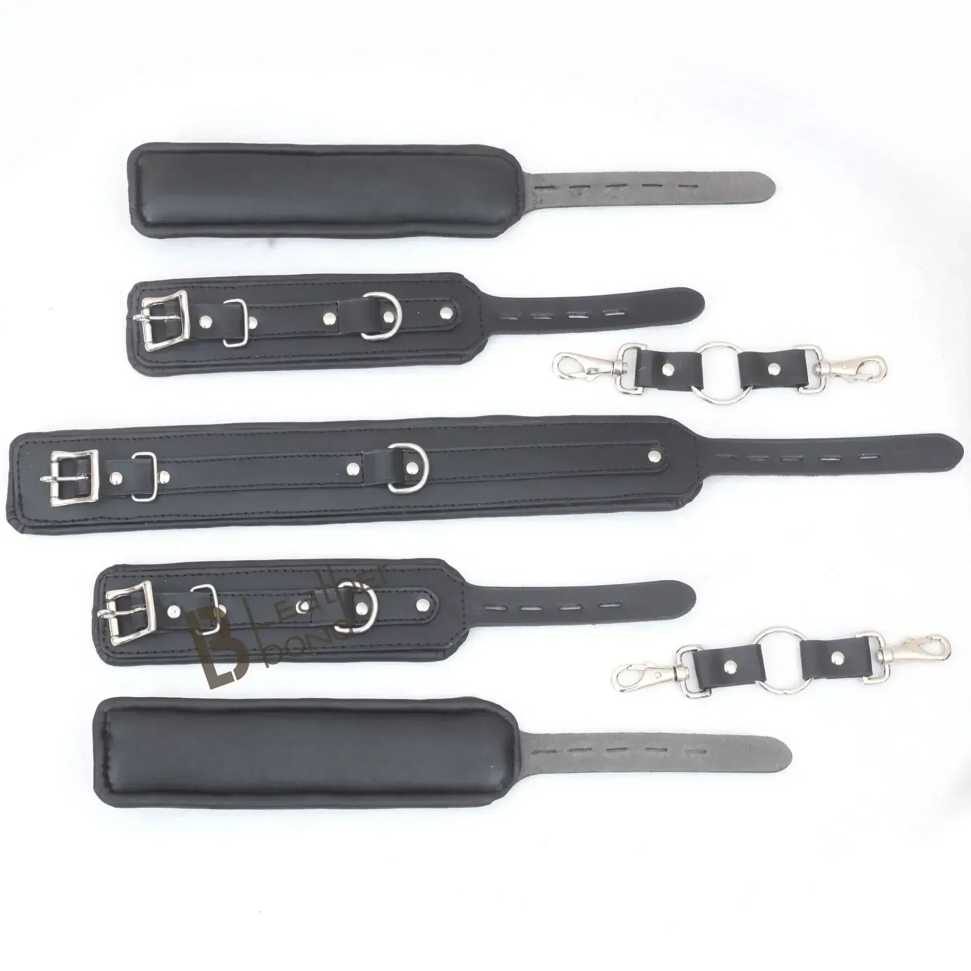 Real Leather 7-Piece Padded Ankle Cuffs, Wrist Cuffs & Neck Collar Complete Restraint Bondage Set with Connectors | Black