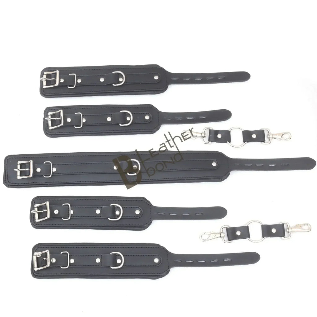 Real Leather 7-Piece Padded Ankle Cuffs, Wrist Cuffs & Neck Collar Complete Restraint Bondage Set with Connectors | Black