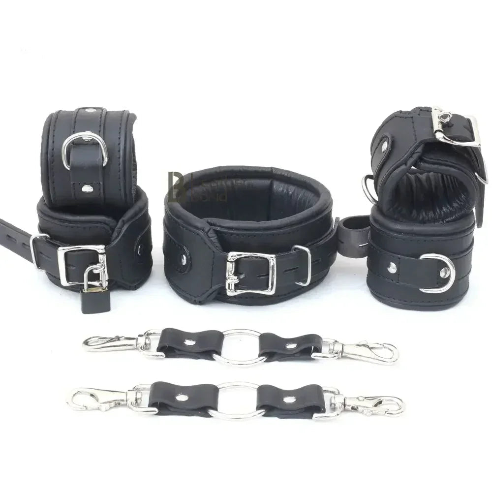 Real Leather 7-Piece Padded Ankle Cuffs, Wrist Cuffs & Neck Collar Complete Restraint Bondage Set with Connectors | Black