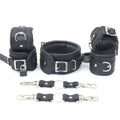 Real Leather 7-Piece Padded Ankle Cuffs, Wrist Cuffs & Neck Collar Complete Restraint Bondage Set with Connectors | Black