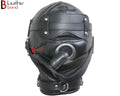 Cowhide Leather Padded Mask Hood Sensory Deprivation Hood with Mouth Gag & Blindfold | BDSM Costume Gear