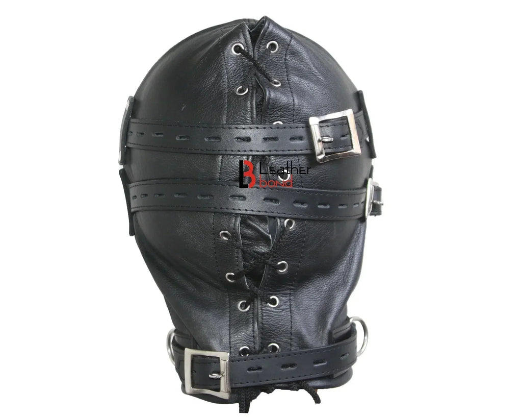 Cowhide Leather Padded Mask Hood Sensory Deprivation Hood with Mouth Gag & Blindfold | BDSM Costume Gear