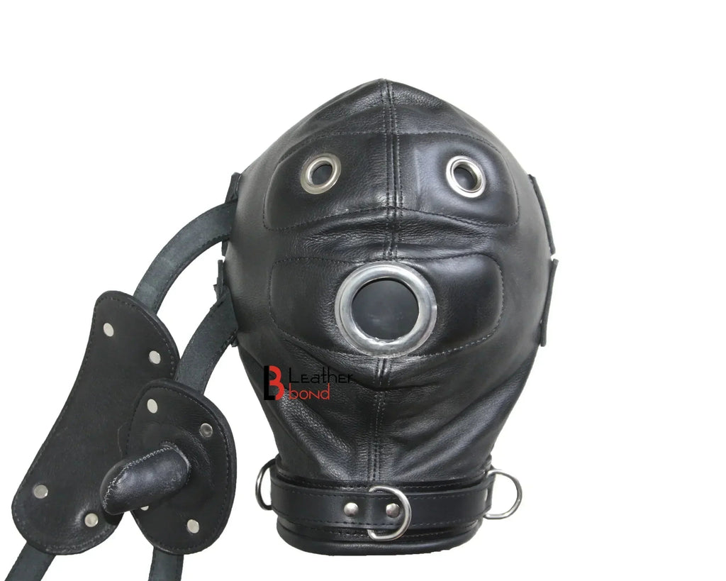 Cowhide Leather Padded Mask Hood Sensory Deprivation Hood with Mouth Gag & Blindfold | BDSM Costume Gear