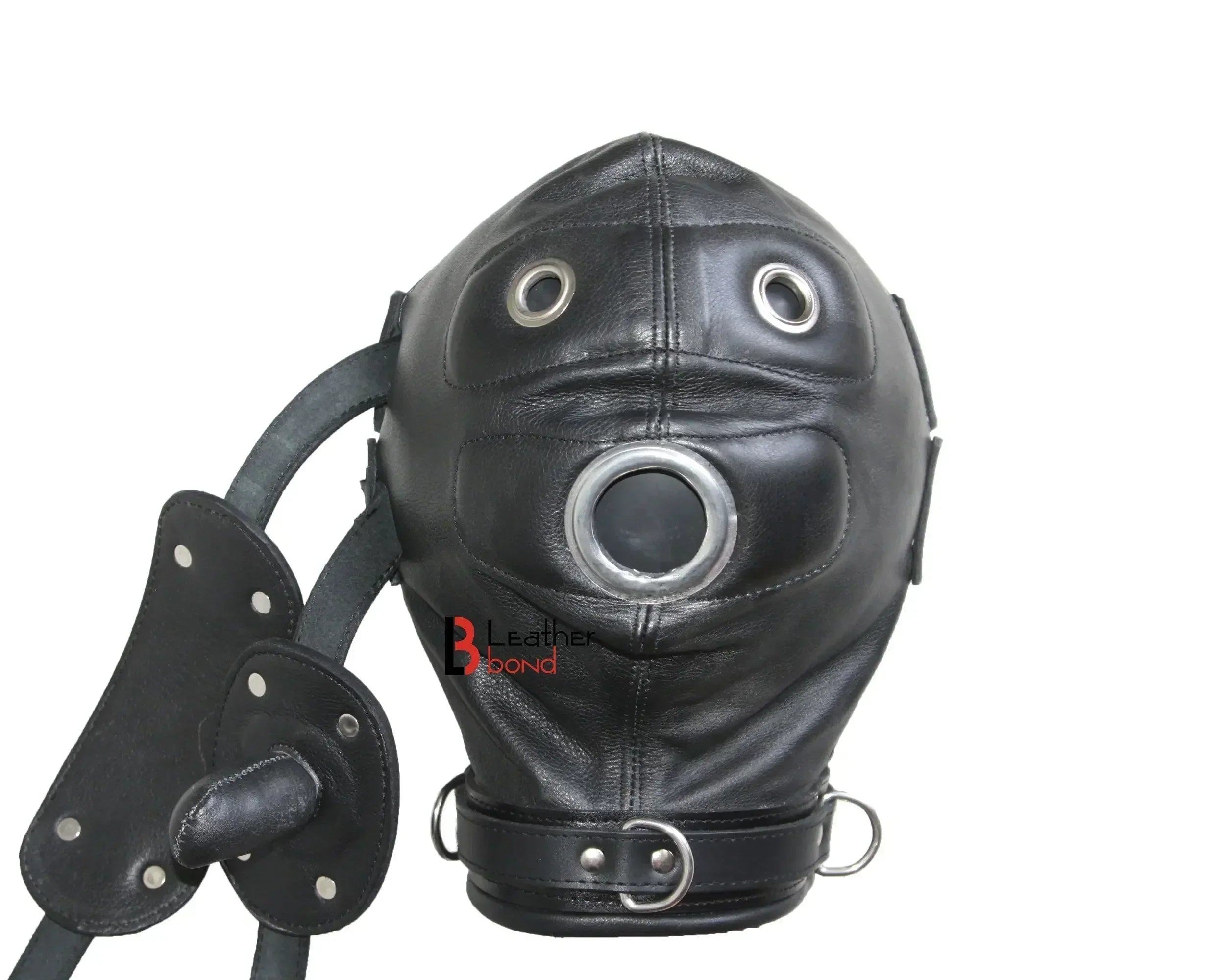 Cowhide Leather Padded Mask Hood Sensory Deprivation Hood with Mouth Gag & Blindfold | BDSM Costume Gear