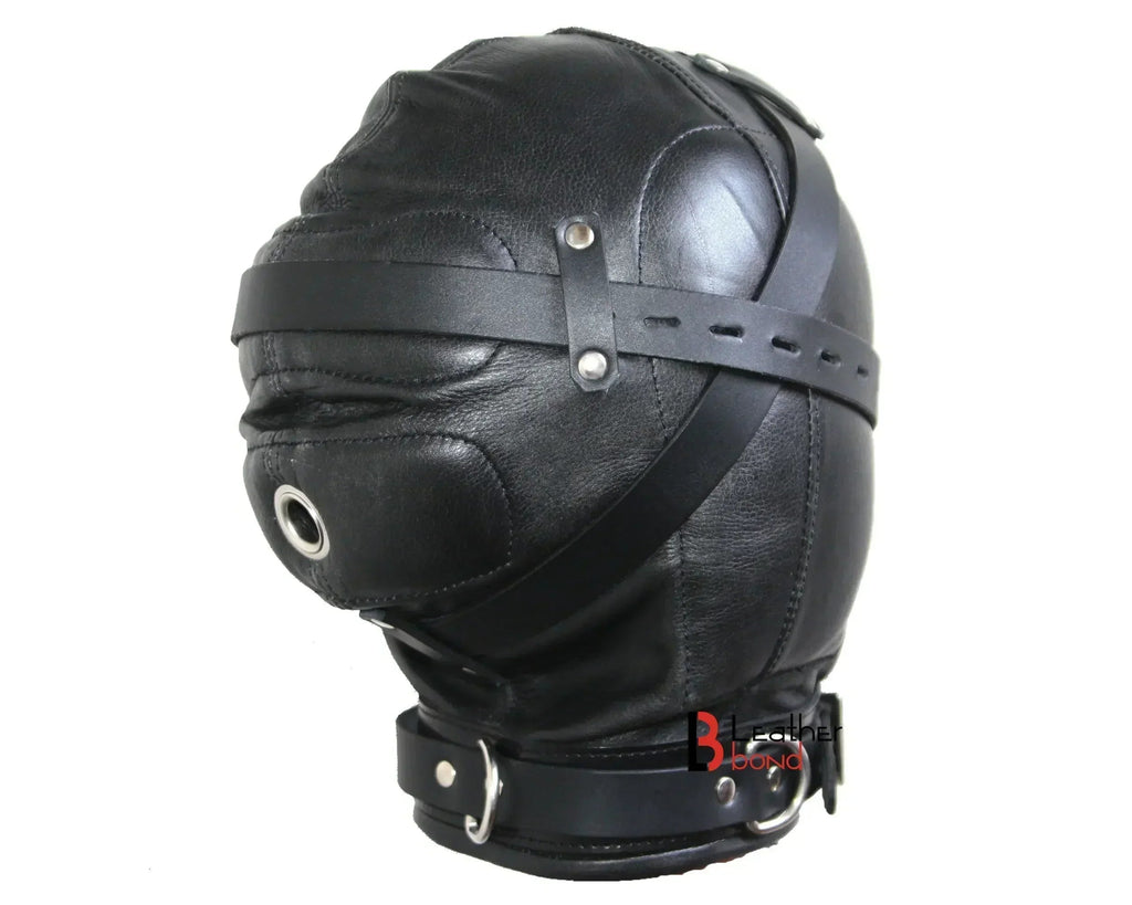 Cowhide Leather Sensory Deprivation Hood Padded & Lockable BDSM Mask | Costume Reenactment Gear