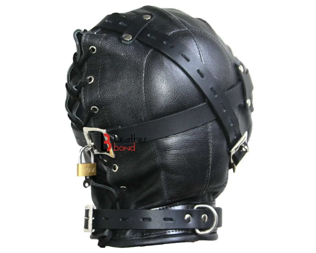 Cowhide Leather Sensory Deprivation Hood Padded & Lockable BDSM Mask | Costume Reenactment Gear