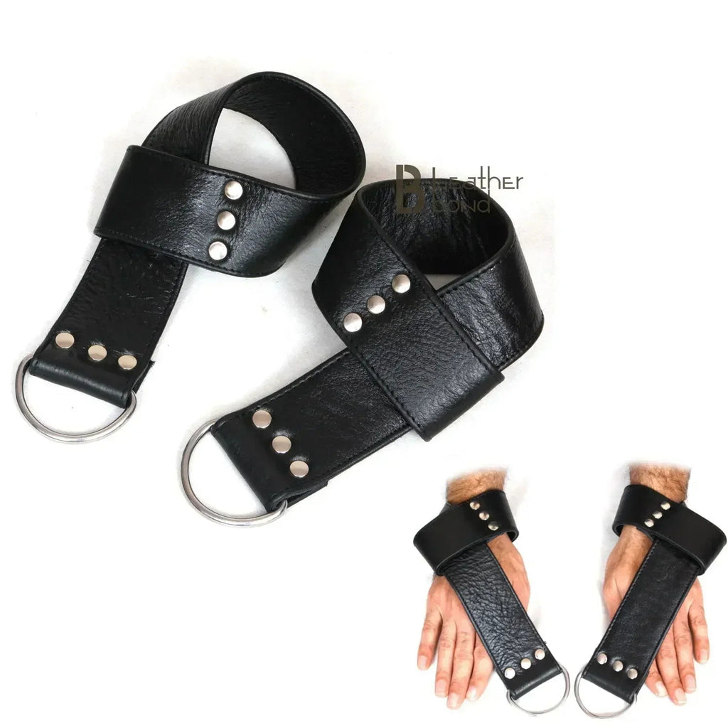 Real Strong Leather Suspension Wrist Cuffs Belts 2-Piece Restraint Bondage Set for Overhead Play