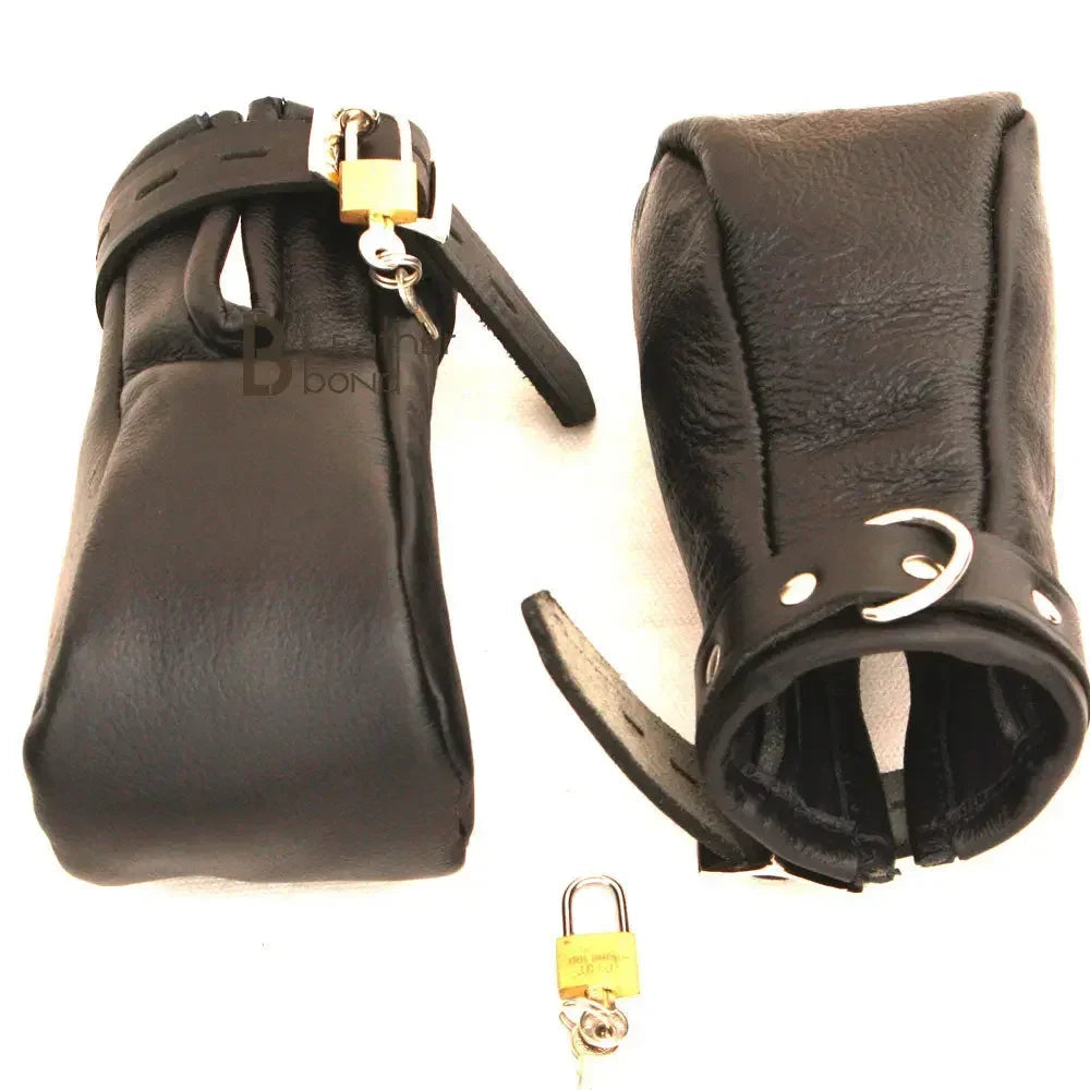 Real Cowhide Leather Fist Mitts Lockable Restraint Bondage Paw Gloves | Black, Red & Purple