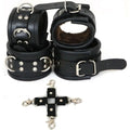 Real Leather 5-Piece Fur-Lined Ankle Cuffs & Wrist Cuffs Restraint Bondage Set with Hogtie | Black