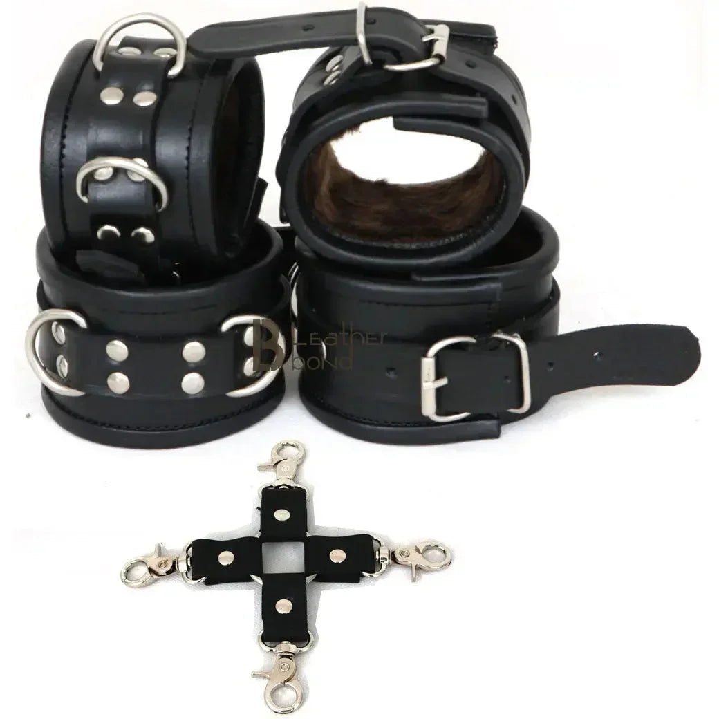 Real Leather 5-Piece Fur-Lined Ankle Cuffs & Wrist Cuffs Restraint Bondage Set with Hogtie | Black
