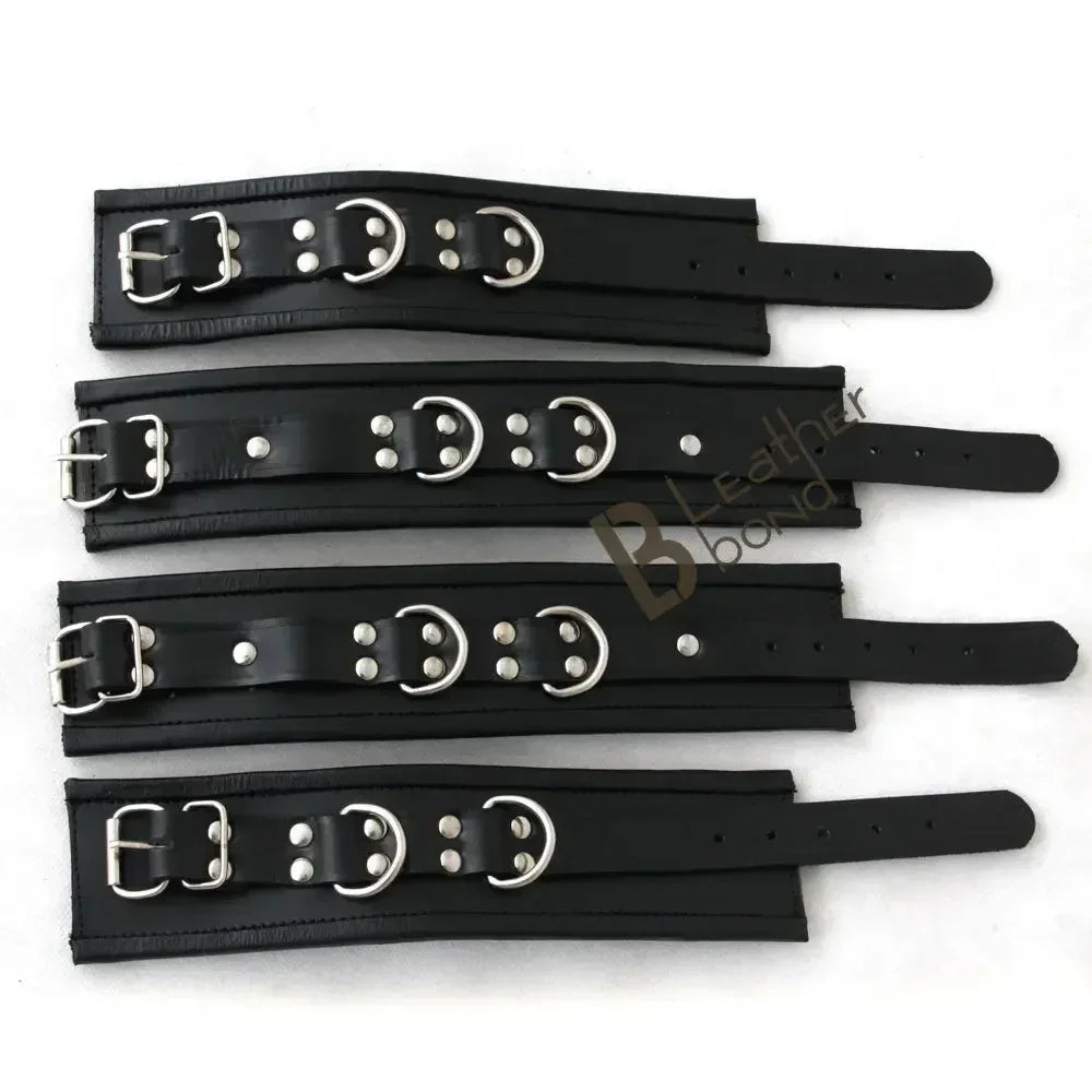 Real Leather 5-Piece Fur-Lined Ankle Cuffs & Wrist Cuffs Restraint Bondage Set with Hogtie | Black
