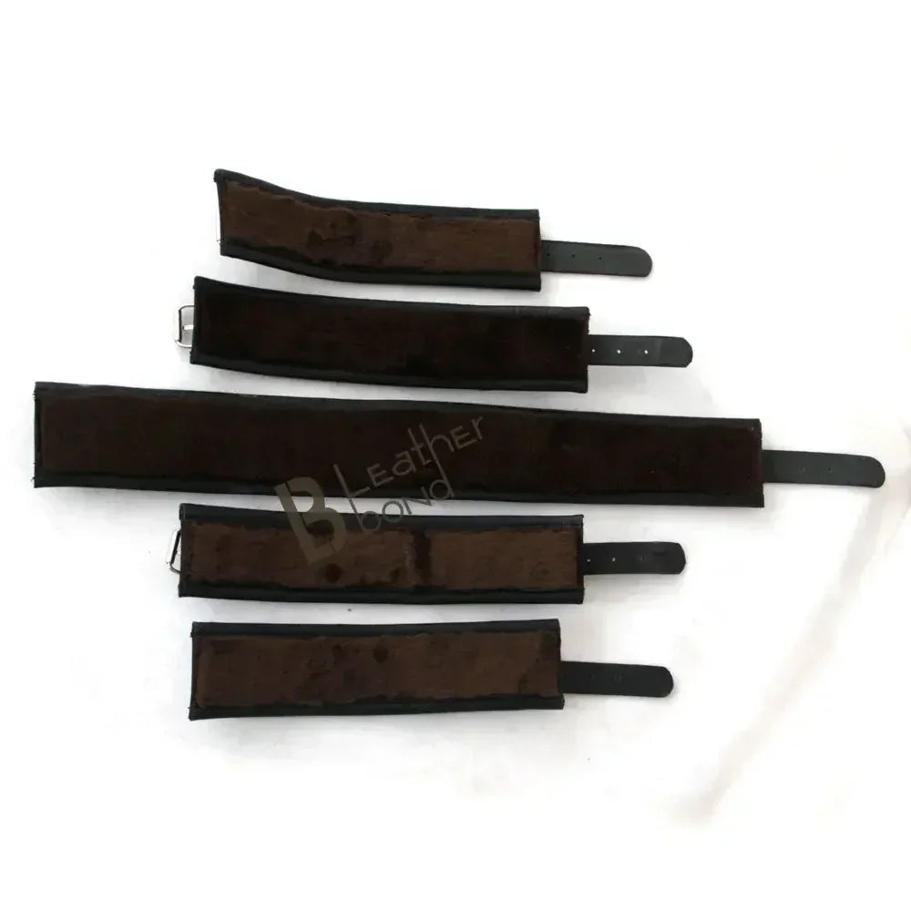 Real Leather 5-Piece Fur-Lined Ankle Cuffs & Wrist Cuffs Restraint Bondage Set with Hogtie | Black