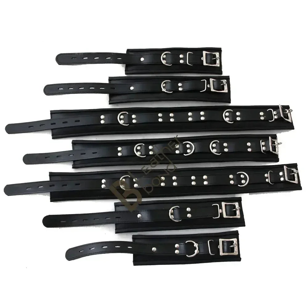 Real Leather Wrist, Ankle & Thigh Cuffs with Collar & Hogtie Complete Restraint Bondage Set | Black