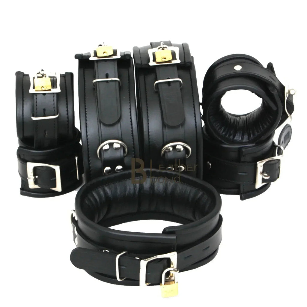 Real Leather Wrist, Ankle & Thigh Cuffs with Collar & Hogtie Complete Restraint Bondage Set | Black