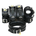 Real Leather Wrist, Ankle & Thigh Cuffs with Collar & Hogtie Complete Restraint Bondage Set | Black