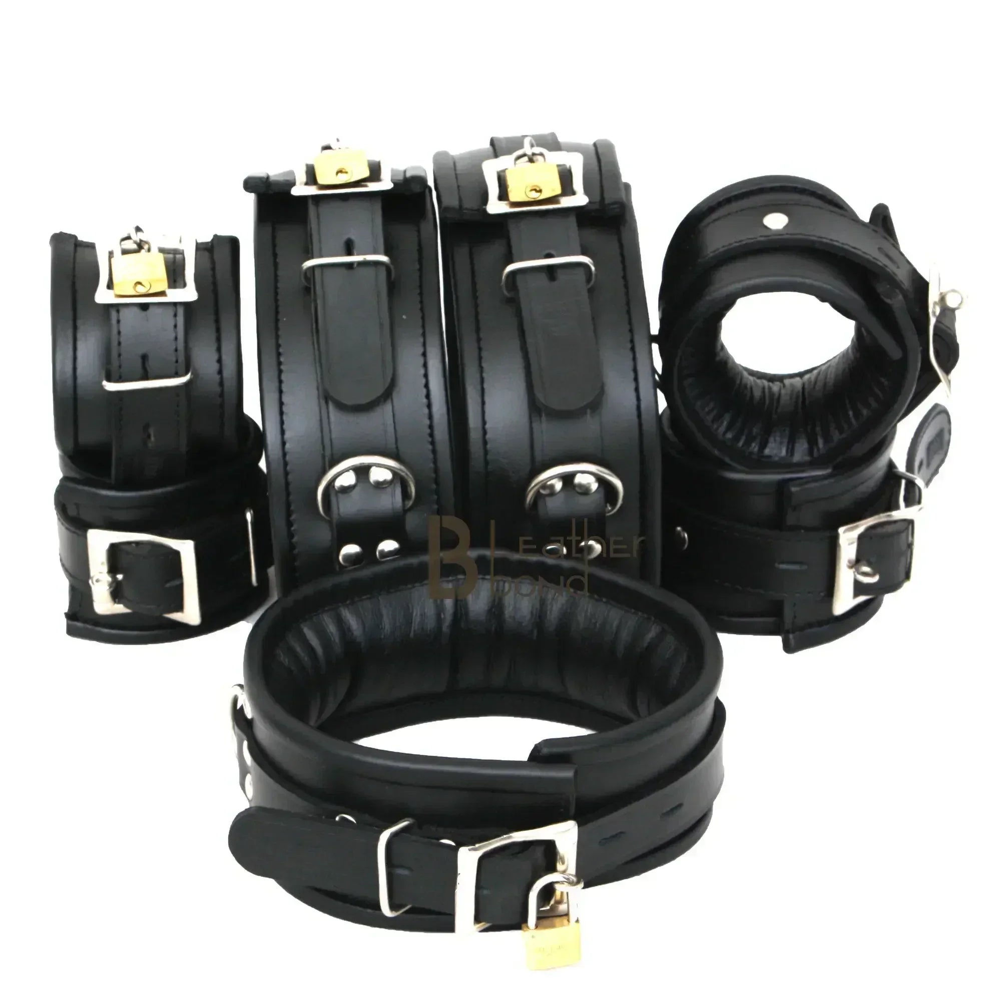 Real Leather Wrist, Ankle & Thigh Cuffs with Collar & Hogtie Complete Restraint Bondage Set | Black