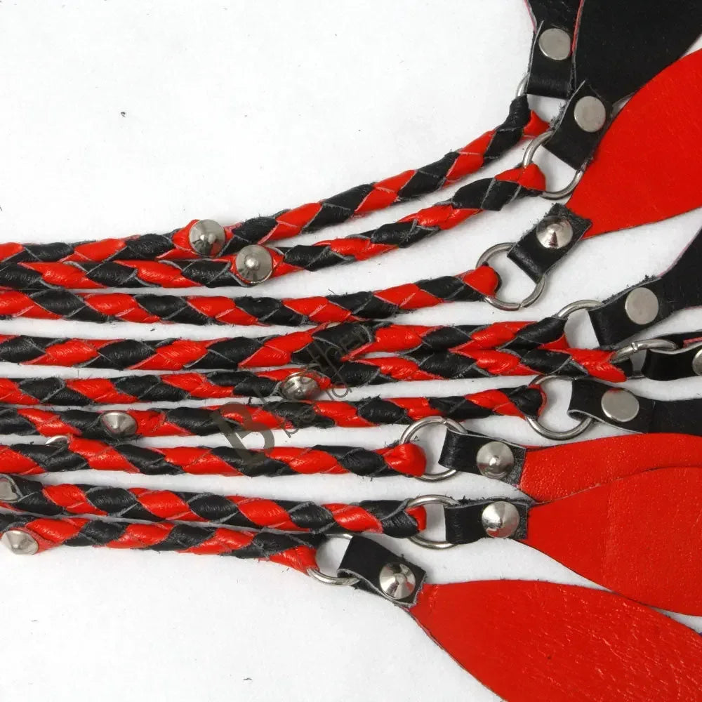 Real Bull Hide Leather Flogger | 9 Braided Cat-O-Nine Falls | Steel Studs Red & Black – Leather Bond