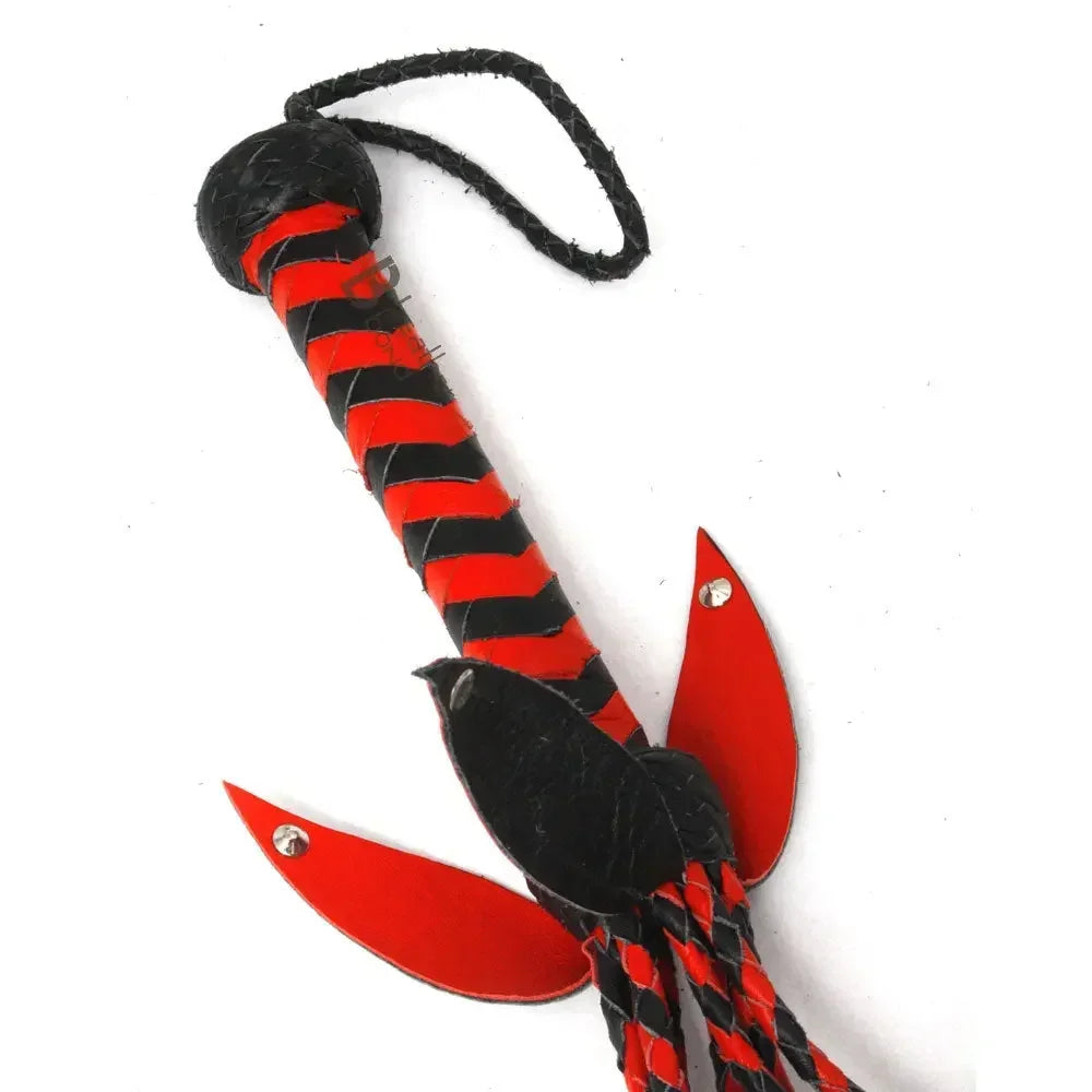 Real Bull Hide Leather Flogger | 9 Braided Cat-O-Nine Falls | Steel Studs Red & Black – Leather Bond