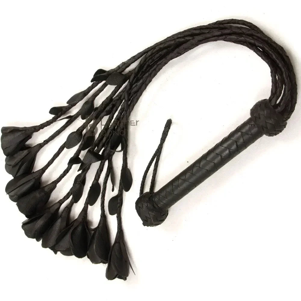 Real Genuine Cow Hide Leather Flogger 9 Braided Falls & Black Rose Heavy Duty Cat-o-nine Tails Flogger