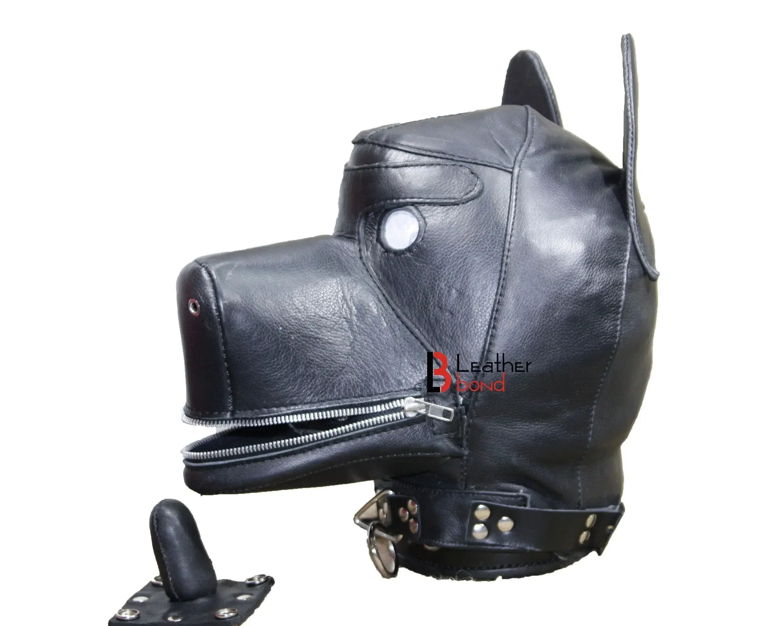 Genuine Cowhide Leather Puppy Dog Mask Hood Padded, Lockable Sensory Deprivation Hood with Mouth Gag