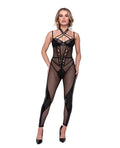 Flirty FETISH Fishnet & Faux Leather Catsuit w/Satin Trim Black XL