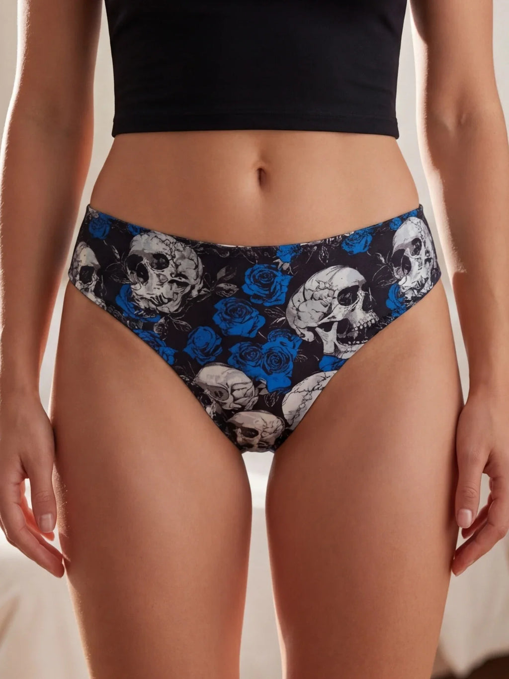 Stylish Mid-Rise Women Panties Gothic Skull Seamless Underwear Soft Breathable Rose Print Female Briefs