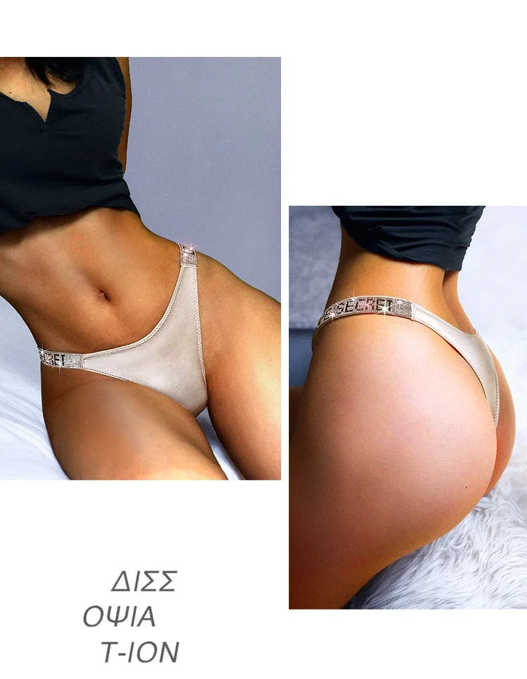 Low Waist Sexy Women Thongs Panties Rhinestones letter Diamonds G String Sports Thong Shorts Briefs T-back Fitness Size S-XL