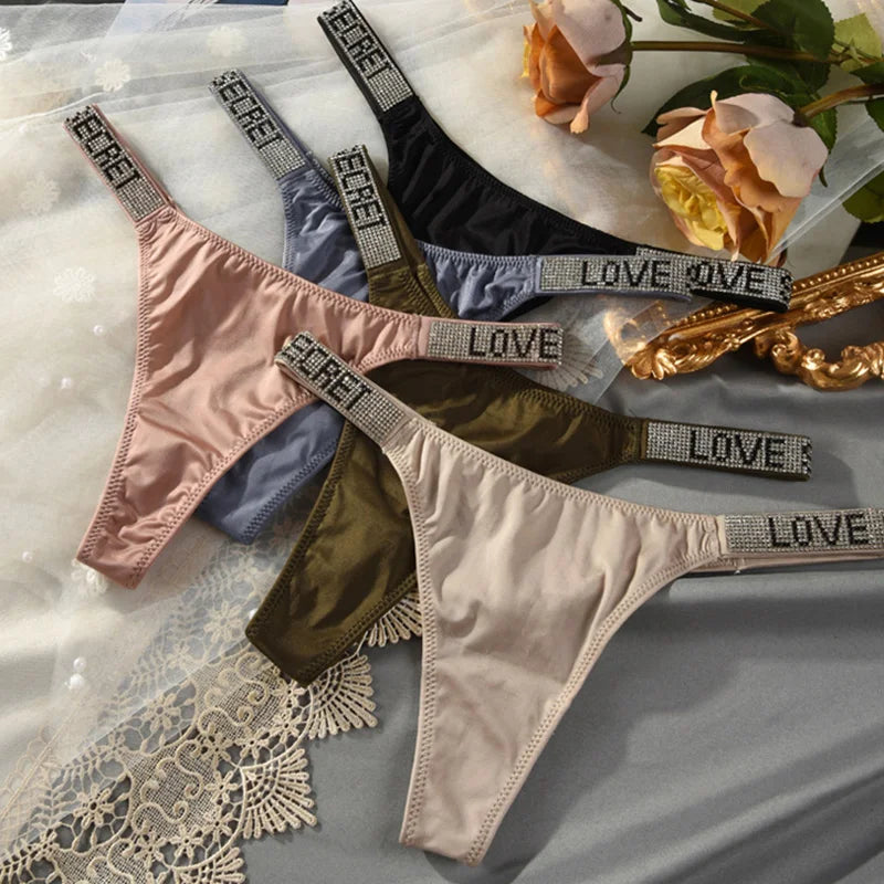 Sexy Panties Women Thongs Rhinestones Letter Diamonds G-string Sports Thong Low Waist Shorts Briefs T-back Fitness S-XL