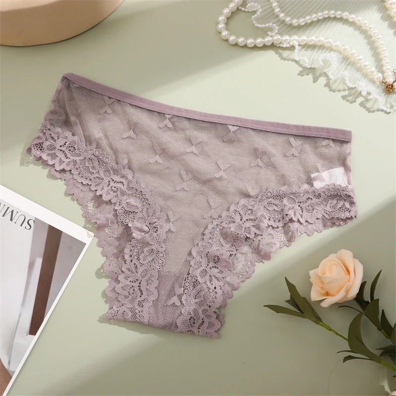 1PCS Bikini Lace Briefs Panties Women's Transparent Lingerie Sexy Female Underpants Floral Lace Perspective Waist Band Briefs