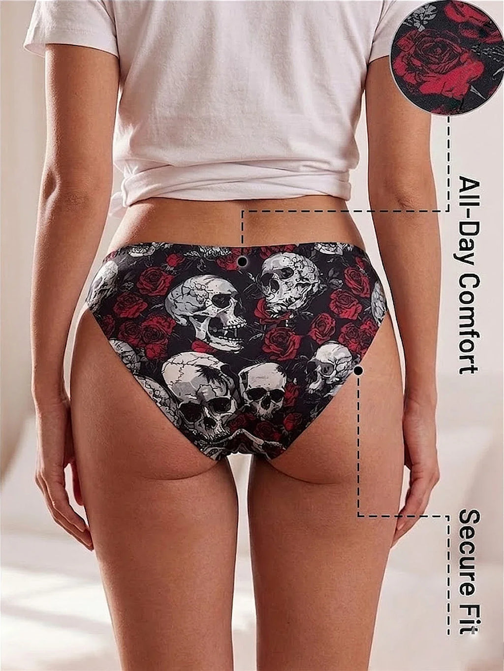 Stylish Mid-Rise Women Panties Gothic Skull Seamless Underwear Soft Breathable Rose Print Female Briefs
