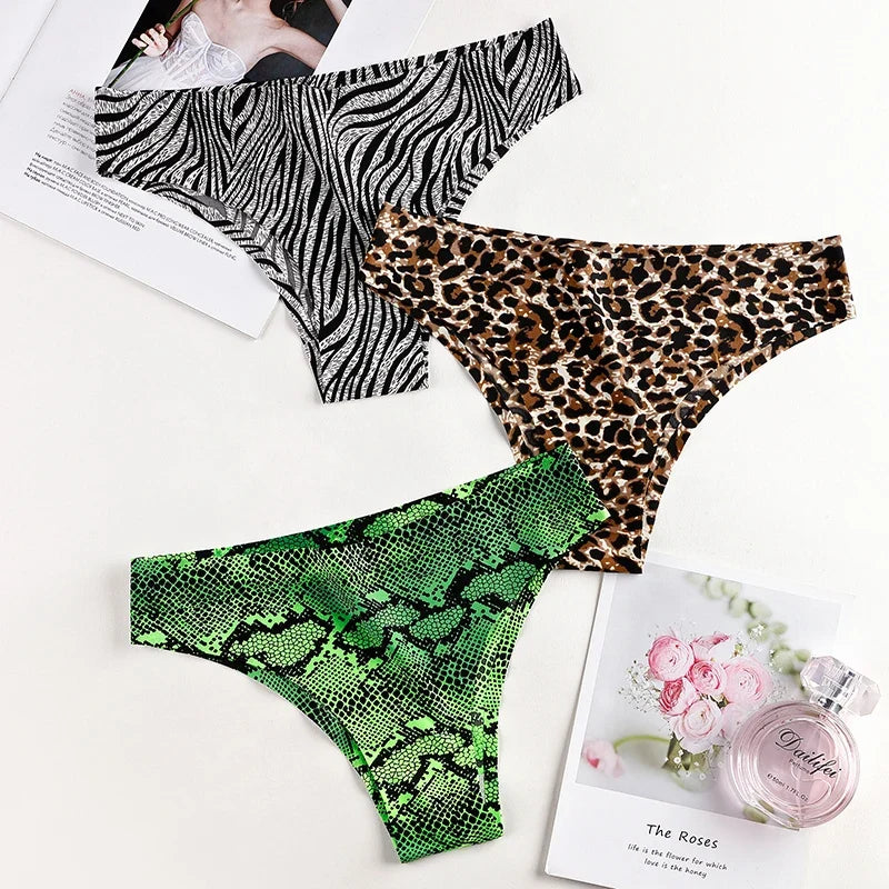 Ice Silk Seamless Snake Leopard Women Panties Sexy G String Thong Underwear T Back Girls Briefs Fitness Lingerie Plus Size M-XXL