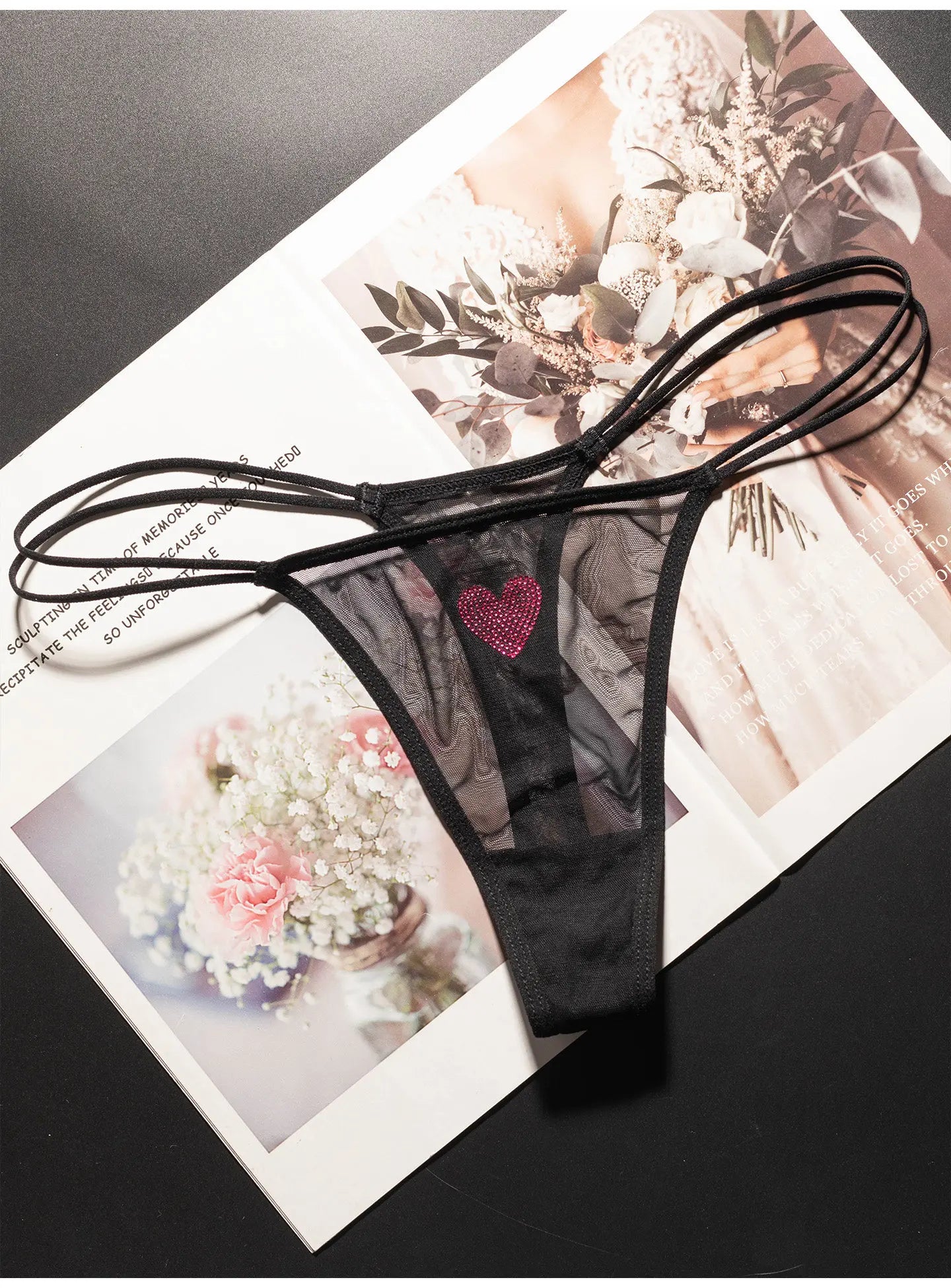 Lace Mesh Women Briefs Sexy Thong Transparent Rhinestones Heart Panties Underwear Girls G String Lingerie Fitness T Back