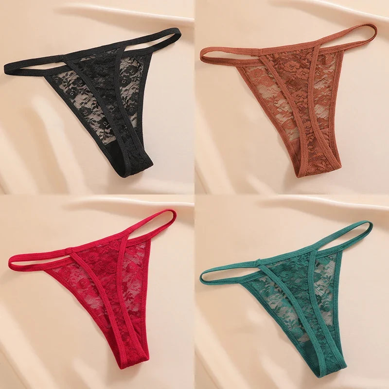 4PCS/Set Women's Underwear Lace Panties Floral Lingerie Woman Panties Sexy Thong G-String Female Pantys Perspective Intimates Ne