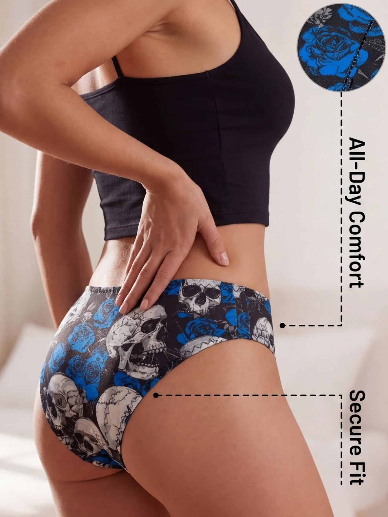Stylish Mid-Rise Women Panties Gothic Skull Seamless Underwear Soft Breathable Rose Print Female Briefs