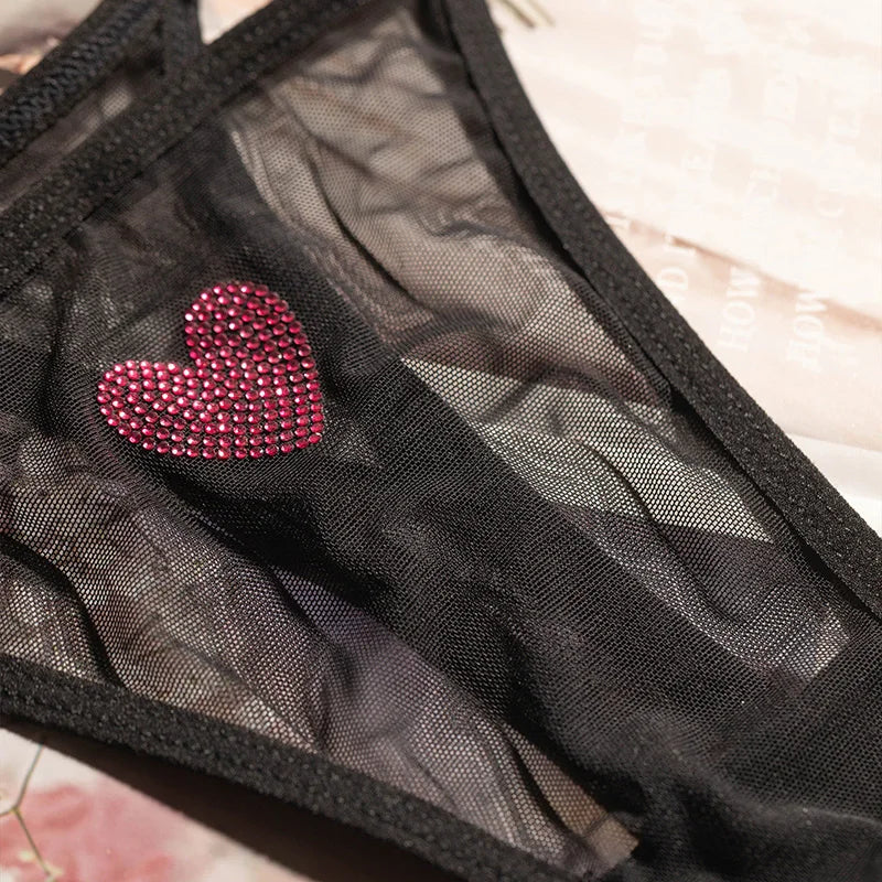 Lace Mesh Women Briefs Sexy Thong Transparent Rhinestones Heart Panties Underwear Girls G String Lingerie Fitness T Back
