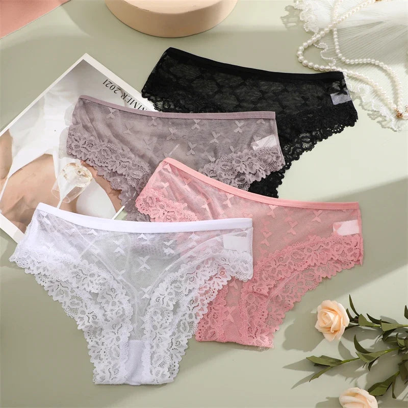 1PCS Bikini Lace Briefs Panties Women's Transparent Lingerie Sexy Female Underpants Floral Lace Perspective Waist Band Briefs