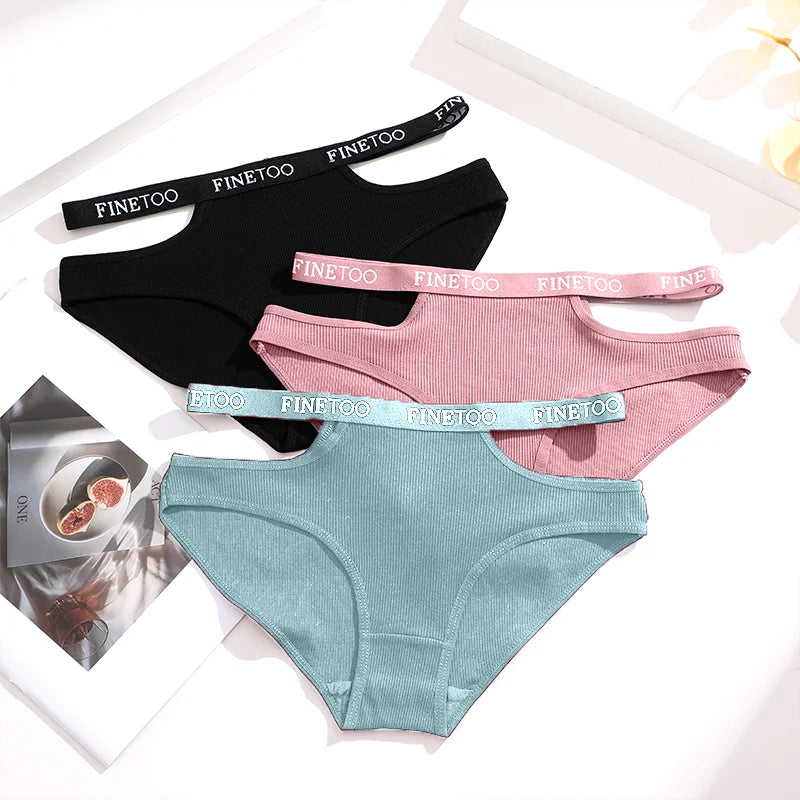 3Pcs Sexy Cotton Double Letter Belt Briefs Women's Panties Hollow Out Intimate Underpants Solid Color Fashion Underwear S-XL