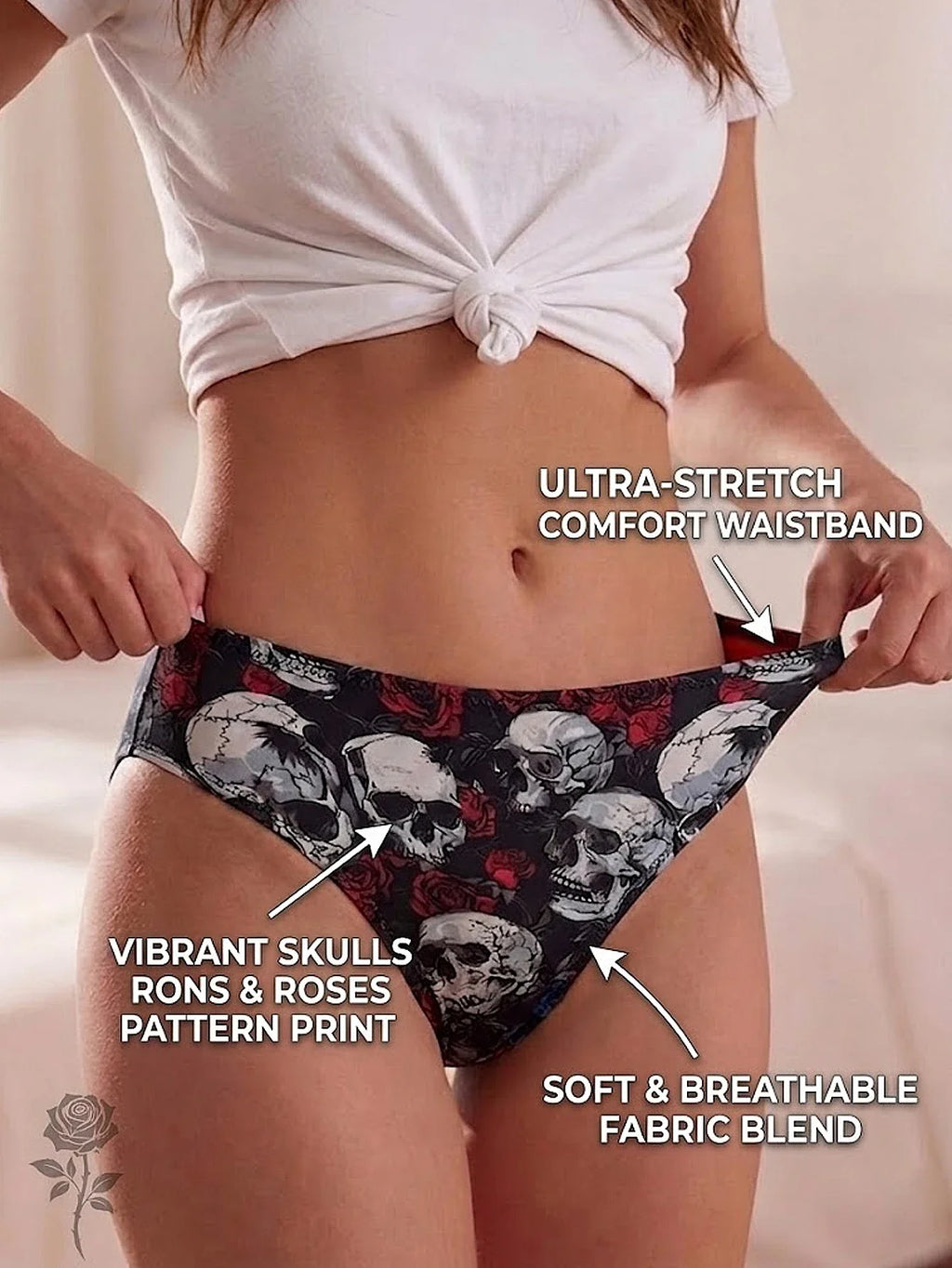 Stylish Mid-Rise Women Panties Gothic Skull Seamless Underwear Soft Breathable Rose Print Female Briefs