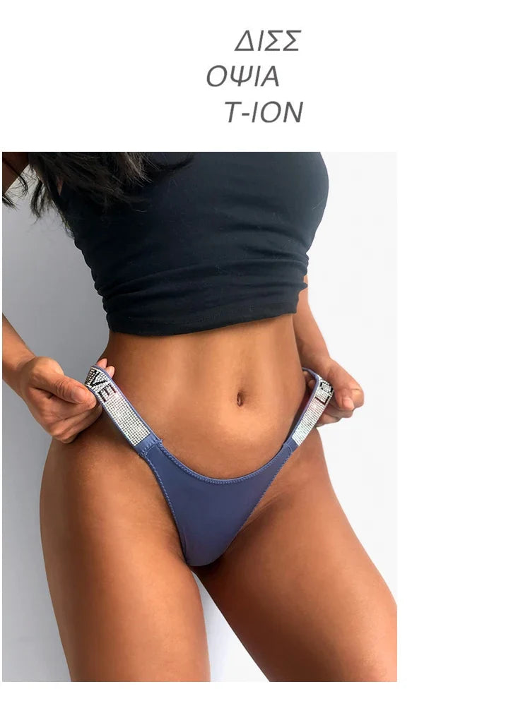 Low Waist Sexy Women Thongs Panties Rhinestones letter Diamonds G String Sports Thong Shorts Briefs T-back Fitness Size S-XL
