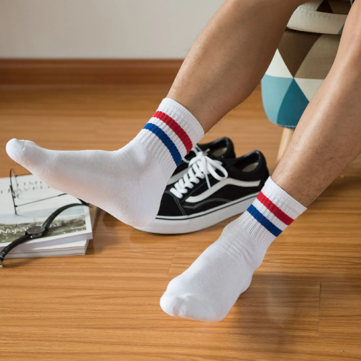 Vintage Two Stripes Sports Cotton Men Ankle Socks Streetwear Hiphop Skate Hiphop Athletic White Black Shcool Designer Punk Boy