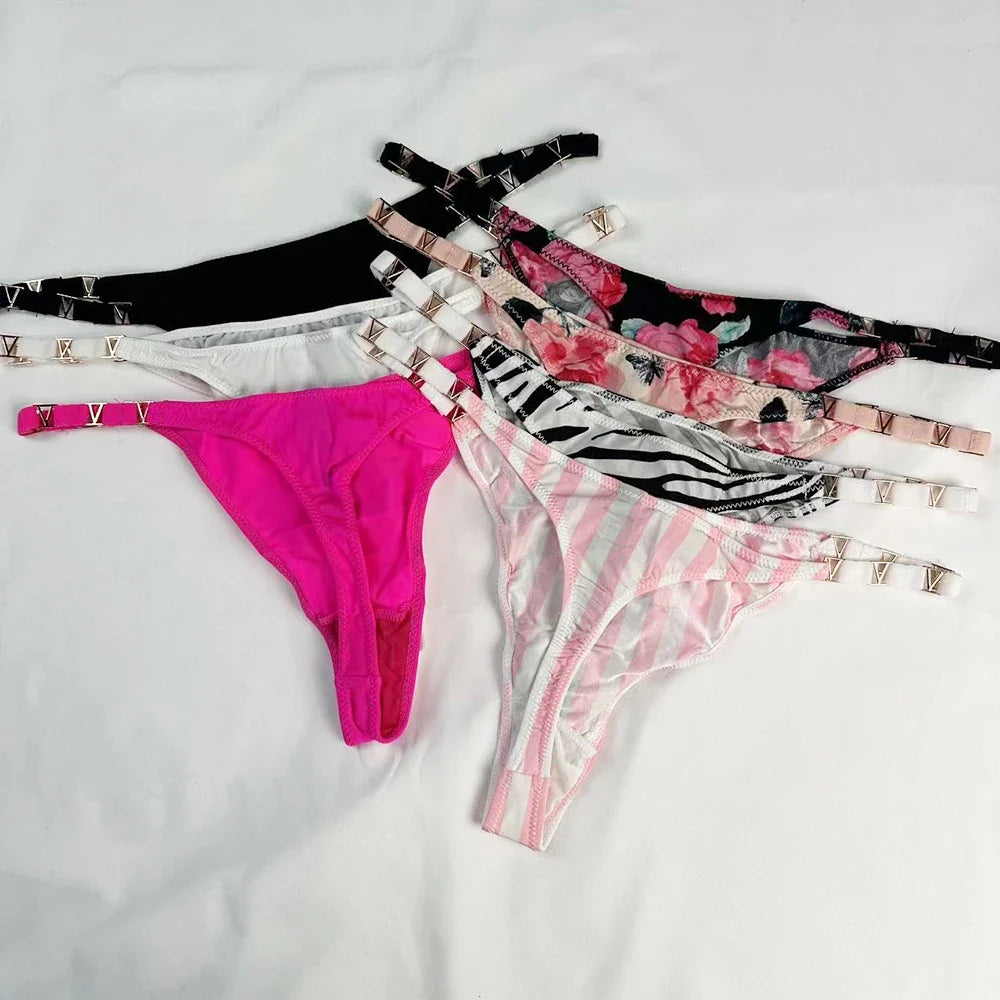 Low Rise Sexy Thong Women Underwear Briefs Seamless Panties Zebra Flower Luxury Metal Buckle G String Bikini Girls Female Panty