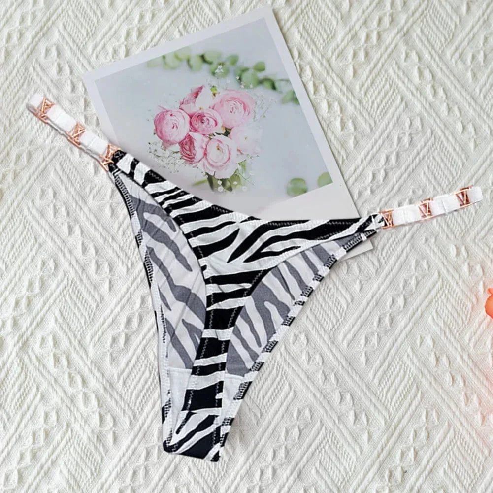 Zebra Flower Low Rise Sexy Thong Women Underwear Briefs Panties Luxury Metal Buckle G String Seamless Bikini Girls Female Panty