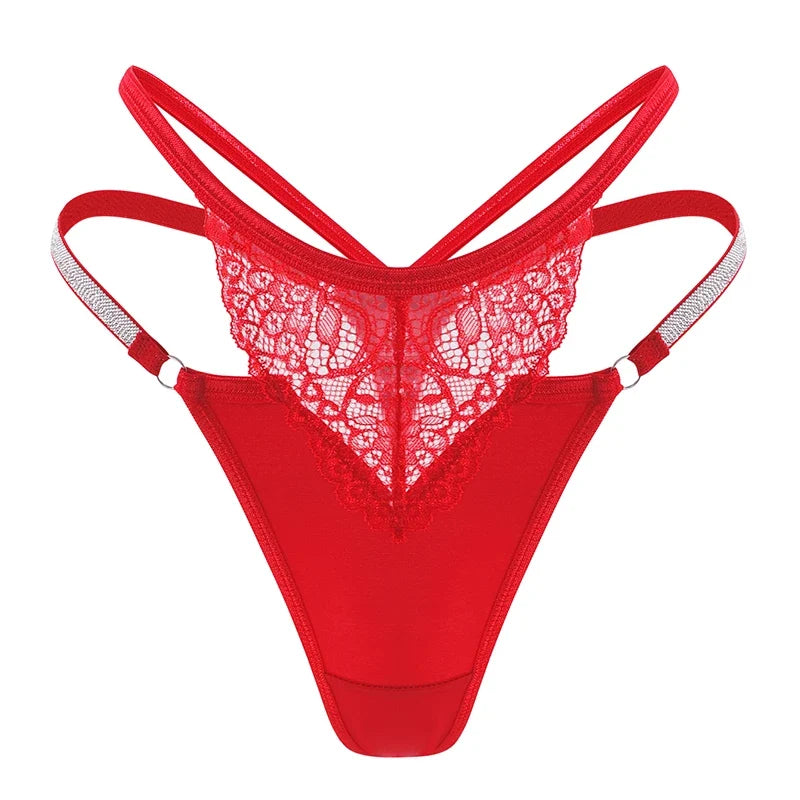 Women Red Lace Thong G-string With Shiny Rhinestone Straps Low Rise Mesh Panties Lingerie For Nightwear Ladies Sexy Underwear
