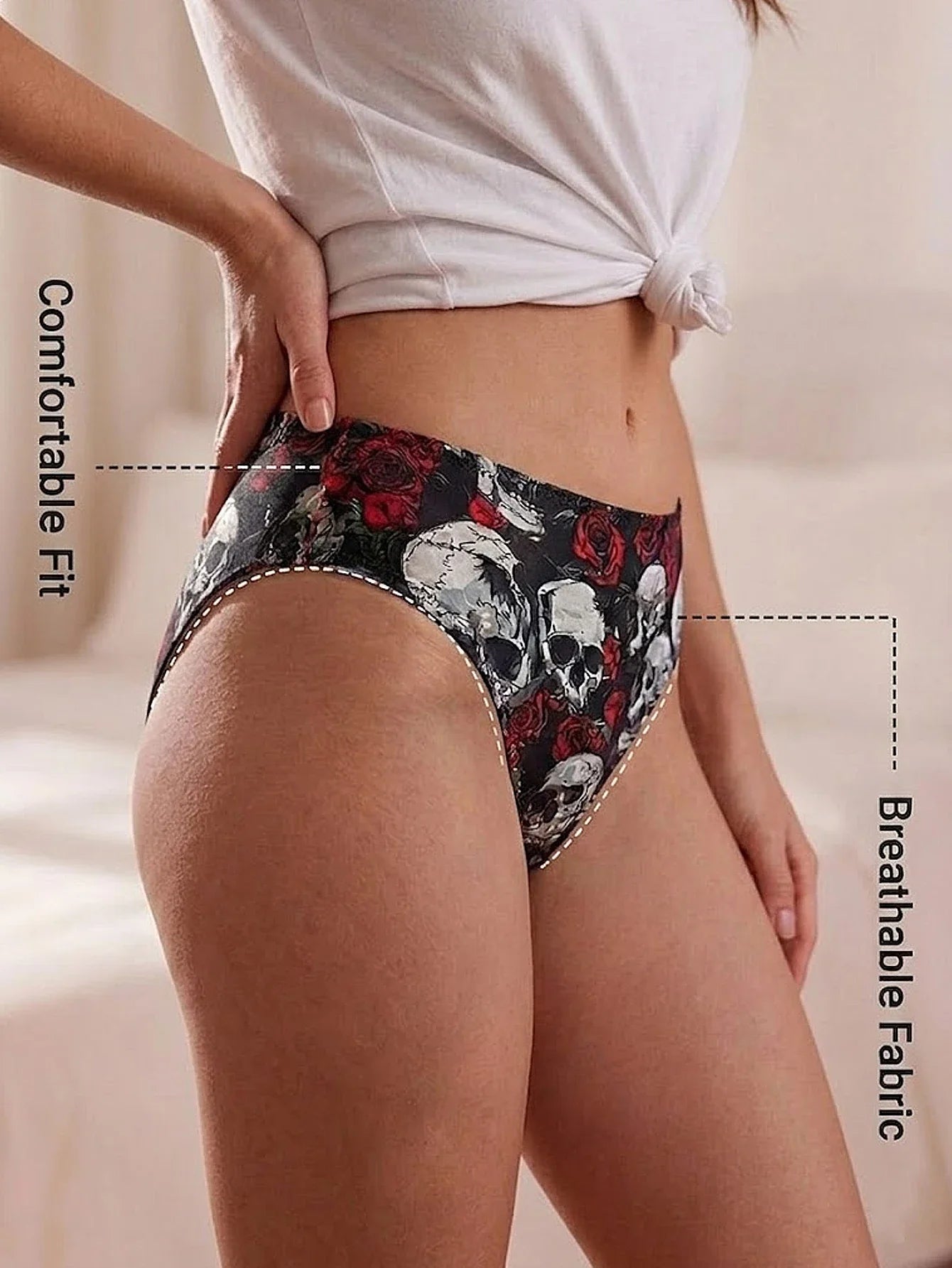 Stylish Mid-Rise Women Panties Gothic Skull Seamless Underwear Soft Breathable Rose Print Female Briefs