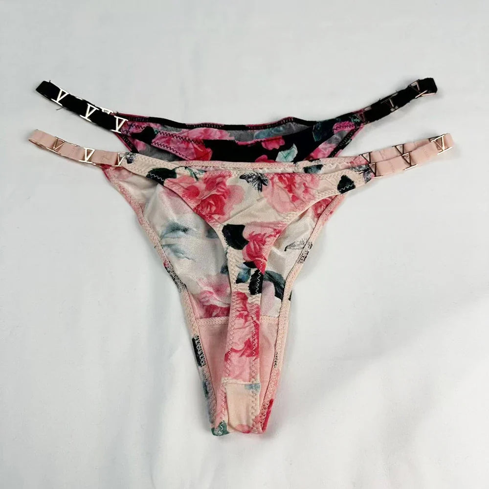 Low Rise Sexy Thong Women Underwear Briefs Seamless Panties Zebra Flower Luxury Metal Buckle G String Bikini Girls Female Panty