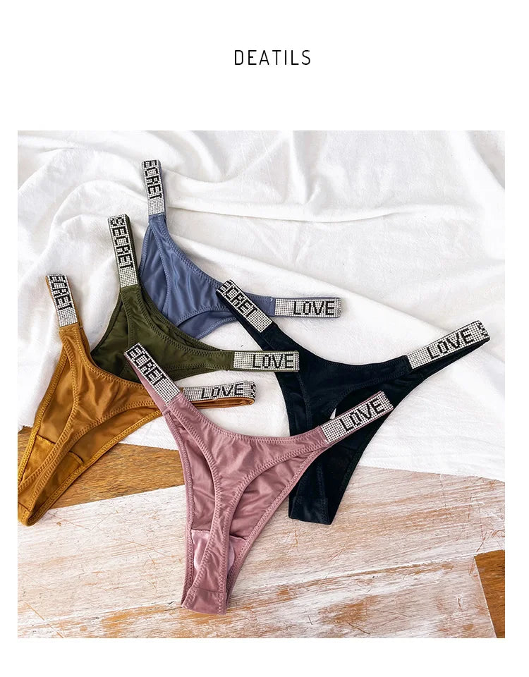 Low Waist Sexy Women Thongs Panties Rhinestones letter Diamonds G String Sports Thong Shorts Briefs T-back Fitness Size S-XL